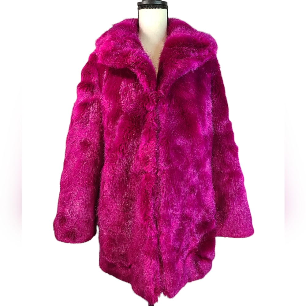 Topshop Dark Cerise Faux Fur Coat Size 2